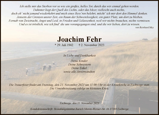 Todesanzeige von Joachim Fehr von WRS