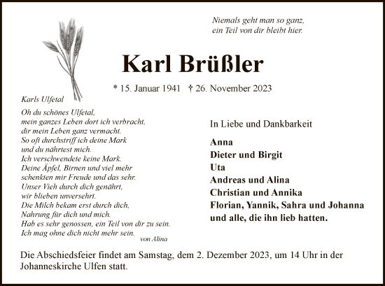 Todesanzeige von Karl Brüßler von WRS