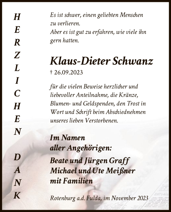 Todesanzeige von Klaus-Dieter Schwanz von HNAWRS