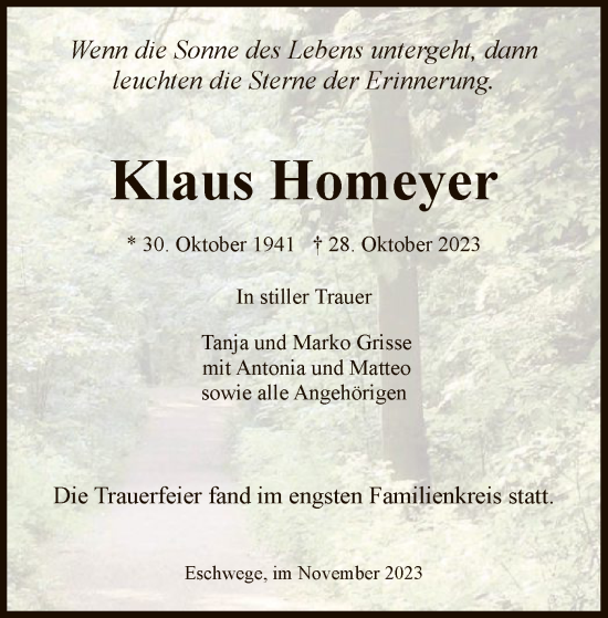 Todesanzeige von Klaus Homeyer von WRS