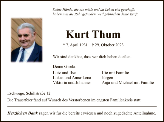 Todesanzeige von Kurt Thum von WRS