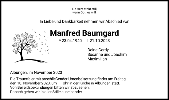 Todesanzeige von Manfred Baumgard von WRS