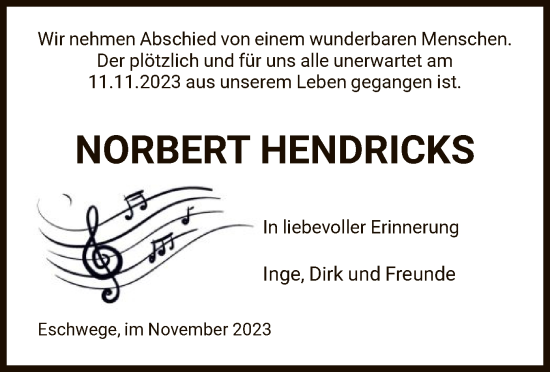 Todesanzeige von Norbert Hendricks von WRS