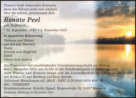 Todesanzeige von Renate Peel von WRS