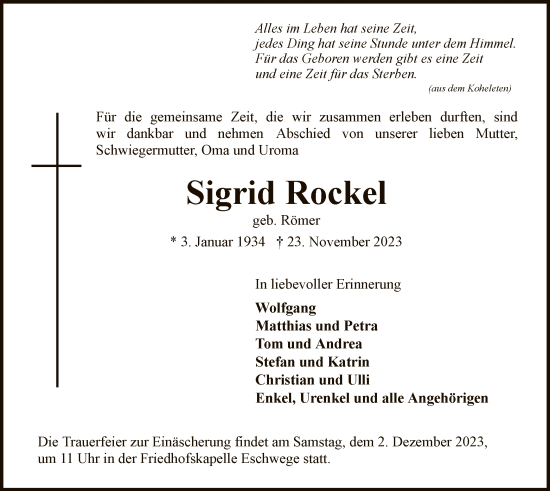 Todesanzeige von Sigrid Rockel von WRS