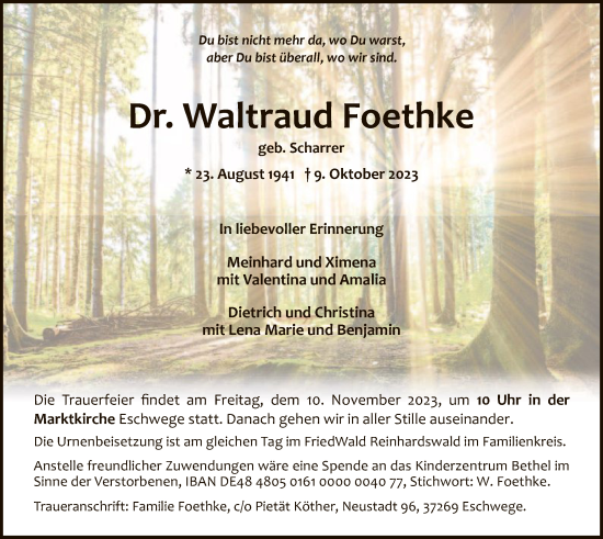 Todesanzeige von Waltraud Foethke von WRS