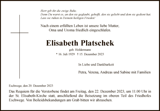Todesanzeige von Elisabeth Platschek von WRS