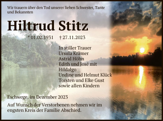 Todesanzeige von Hiltrud Stitz von WRS