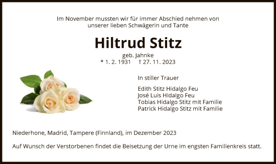 Todesanzeige von Hiltrud Stitz von WRS