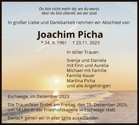 Todesanzeige von Joachim Picha von WRS