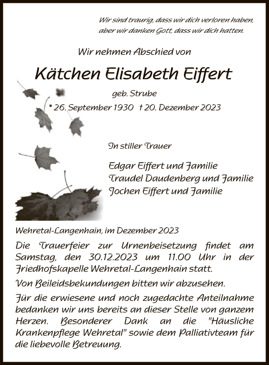 Todesanzeige von Kätchen Elisabeth Eiffert von WRS