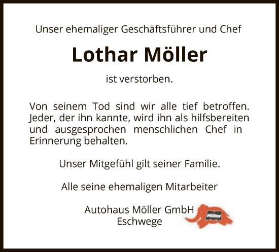 Todesanzeige von Lothar Möller von WRS