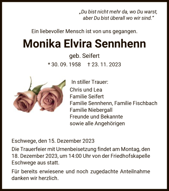 Todesanzeige von Monika Elvira Sennhenn von WRS