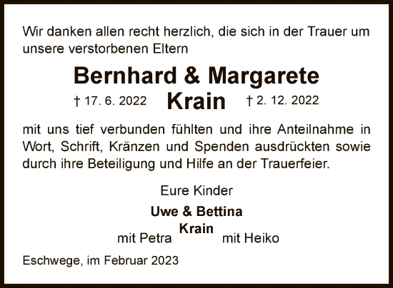 Todesanzeige von Bernhard und Margarete Krain von WRS