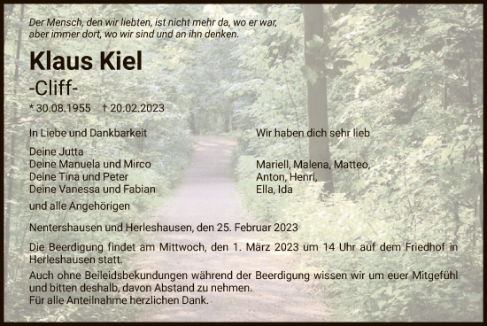 Todesanzeige von Klaus Kiel von HNA