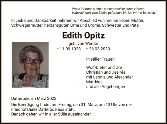 Todesanzeige von Edith Opitz von WRS