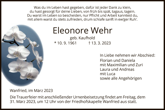 Todesanzeige von Eleonore Wehr von WRS
