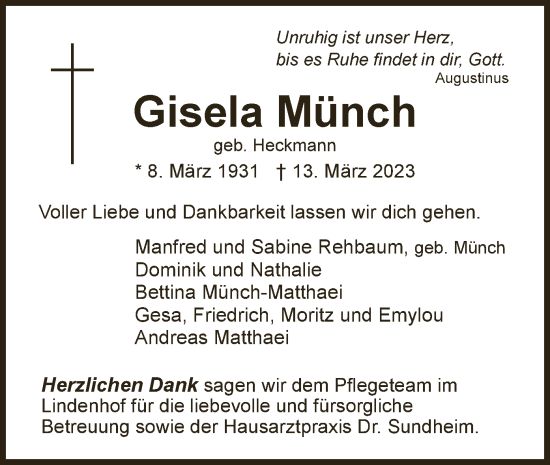 Todesanzeige von Gisela Münch von WRS