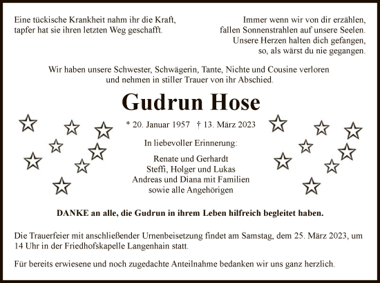 Todesanzeige von Gudrun Hose von WRS