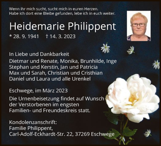 Todesanzeige von Heidemarie Philippent von WRS