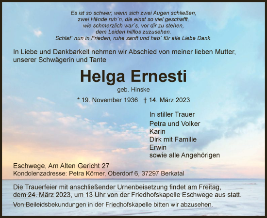 Todesanzeige von Helga Ernesti von WRS