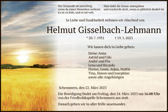 Todesanzeige von Helmut Gisselbach-Lehmann von WRS