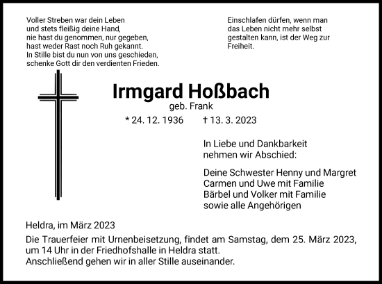 Todesanzeige von Irmgard Hoßbach von WRS
