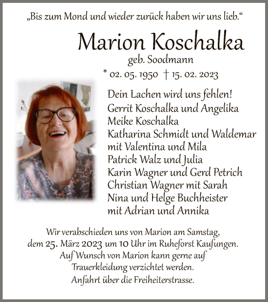 Todesanzeige von Marion Koschalka von WRS