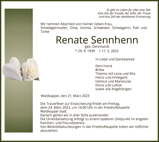 Todesanzeige von Renate Sennhenn von WRS