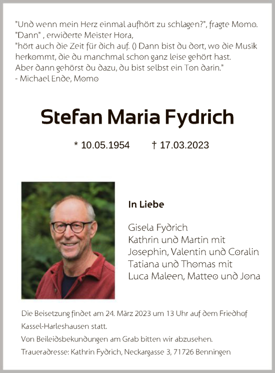 Todesanzeige von Stefan Maria Fydrich von WRS