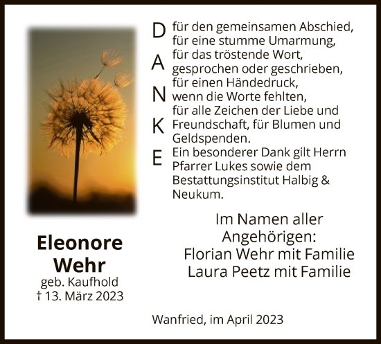 Todesanzeige von Eleonore Wehr von WRS
