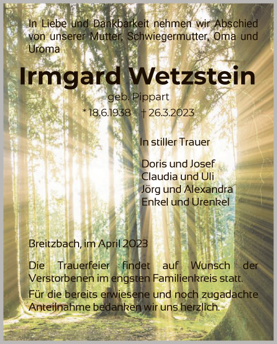 Todesanzeige von Irmgard Wetzstein von WRS