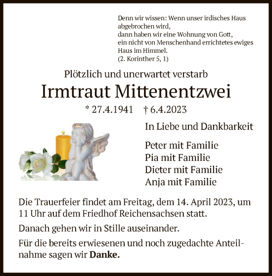 Todesanzeige von Irmtraut Mittenentzwei von WRS