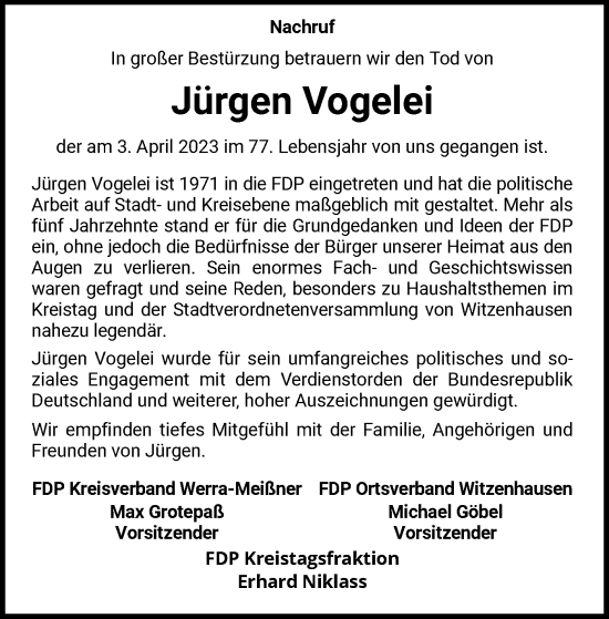 Todesanzeige von Jürgen Vogelei von WRS