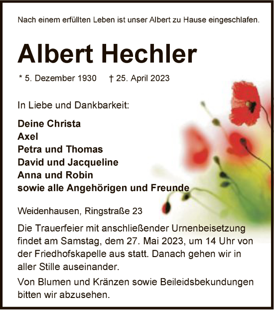 Todesanzeige von Albert Hechler von WRS