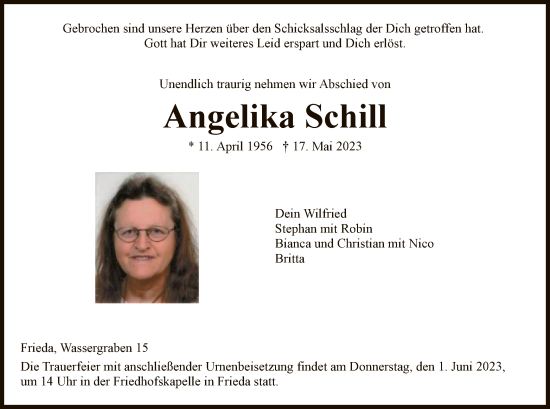 Todesanzeige von Angelika Schill von WRS