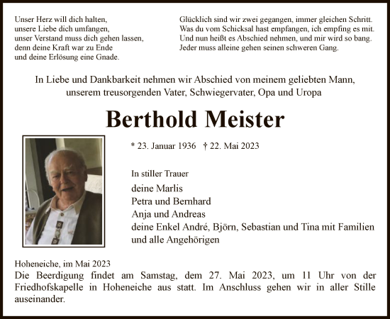 Todesanzeige von Berthold Meister von WRS