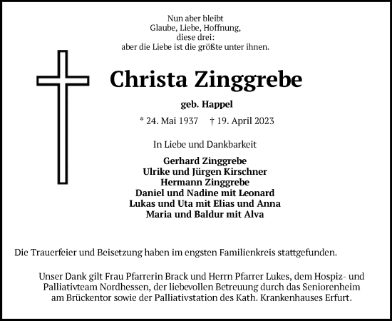 Todesanzeige von Christa Zinggrebe von WRS