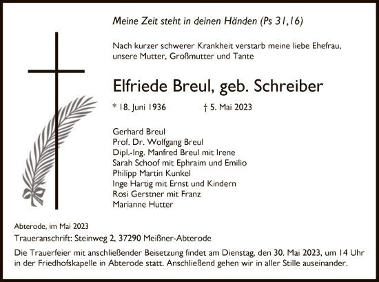 Todesanzeige von Elfriede Breul von WRS