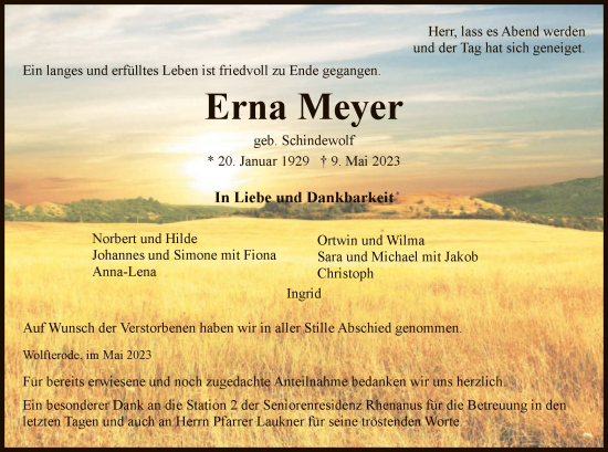 Todesanzeige von Erna Meyer von WRS