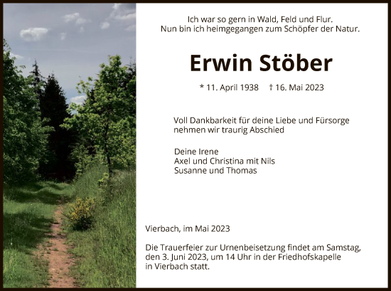 Todesanzeige von Erwin Stöber von WRS