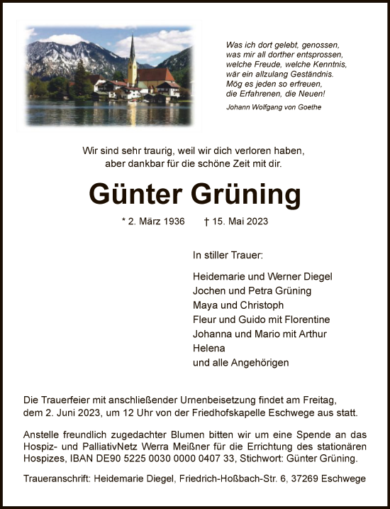 Todesanzeige von Günter Grüning von WRS
