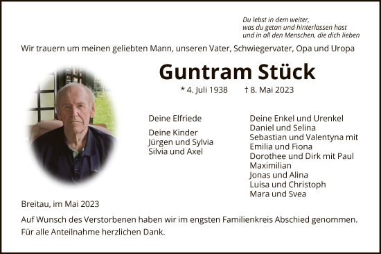 Todesanzeige von Guntram Stück von WRS
