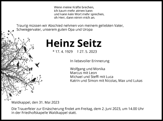 Todesanzeige von Heinz Seitz von WRS