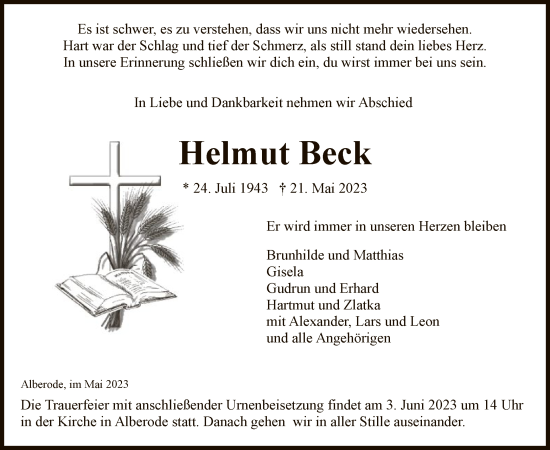 Todesanzeige von Helmut Beck von WRS