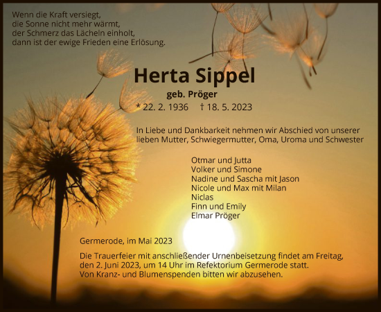 Todesanzeige von Herta Sippel von WRS