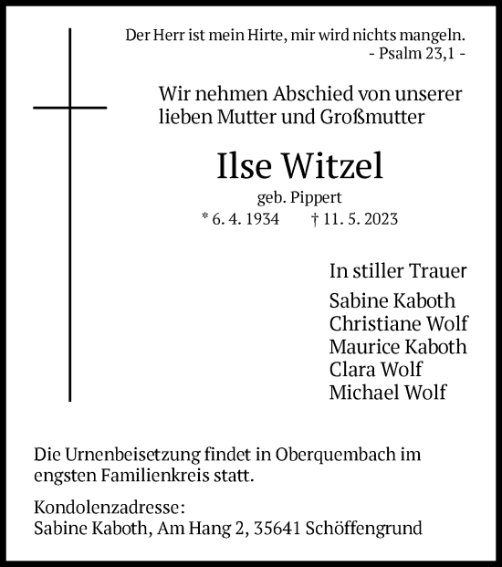 Todesanzeige von Ilse Witzel von WRS