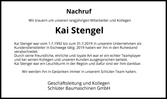 Todesanzeige von Kai Stengel von WRS