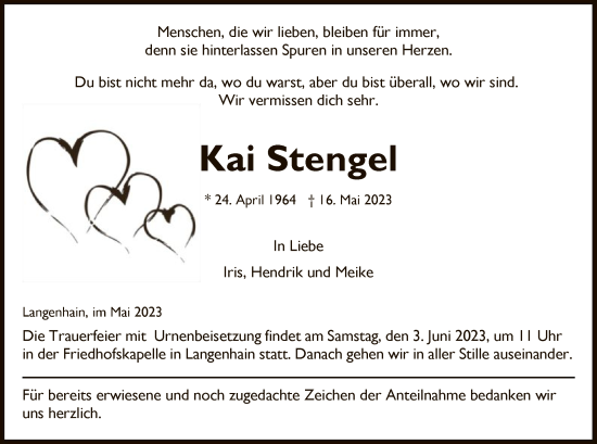Todesanzeige von Kai Stengel von WRS