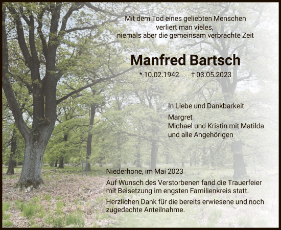 Todesanzeige von Manfred Bartsch von WRS